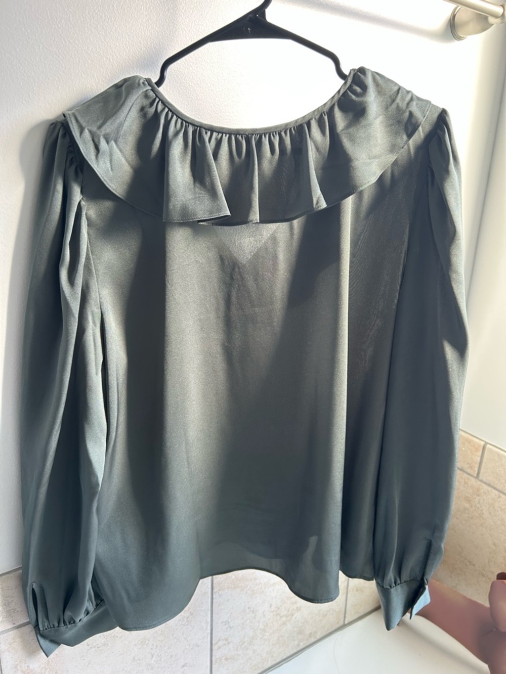 SUMMER SALE Ann Taylor Olive Green Ruffle Wrap-Front Blouse - Picture 2 of 2